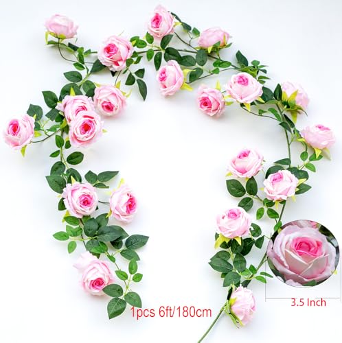 2Pcs 12Ft Bendable Artificial Flower Garland Faux Rose Vine Hanging Floral Garland for Wall Decor Trellis Fence Home Room Garden Wedding Decoration(Pink, 2pcs) - color: Pink, size: 2pcs