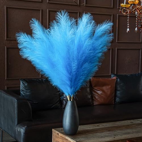 Premium Faux Navy Blue & Sky Blue Pampas Grass Decor – 43.3″8pcs Tall Fluffy Dual-Tone Feather Flowers, No Assembly 18-Branch One-Piece Stems for Coastal Boho Wedding & Modern Home Decor (8pcs 110cm) - color: Faux Navy Blue, size: 8pcs 43.3"(110cm)