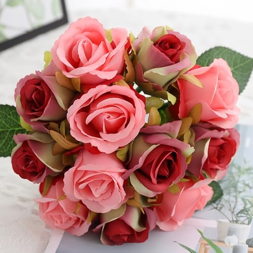Jasion Artificial Roses Fake Flowers 12 Heads Arrangement Silk Bouquet for Home Office Parties Bridal and Wedding Decoration (Red and Pink) - color: Red With Pink