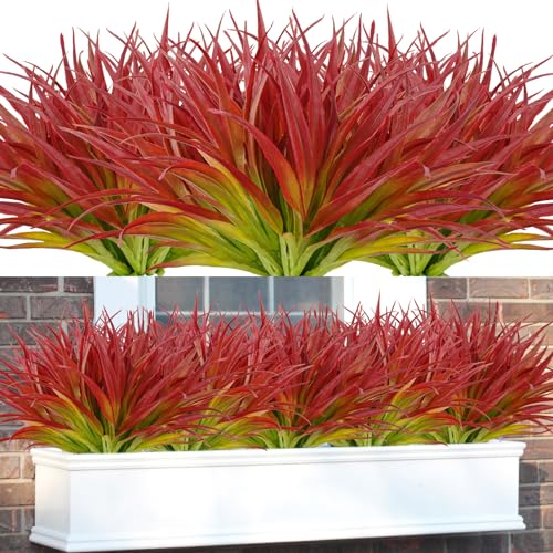 16Pcs Artificial Grass Fake Plants 17.3in Outdoor Plants UV Resistant Greenery Stems Fake Grass for Home Window Garden Office Patio Pathway Front Porch Décor Light Green & Red - color: Light Red &Green, size: 16 Pcs