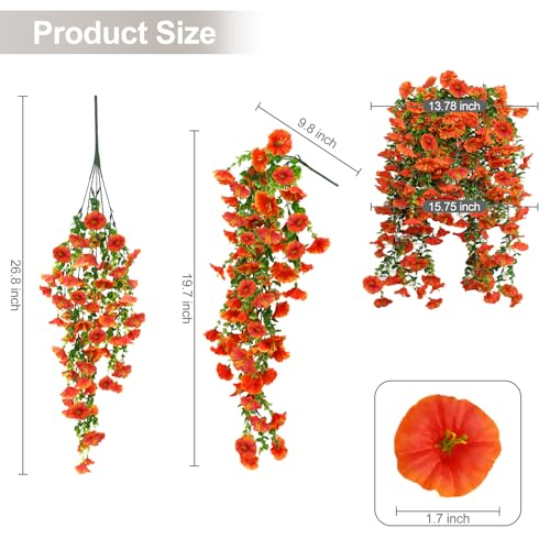 Artificial Flowers for Outdoors Decoration, 4Pcs Fake Hanging Flowers Morning Glory UV & Fading Resistant, Artificial Faux Plants Deocr for Home Porch Patio Balcony Planter Yard Garden Farmhouse - color: Orange