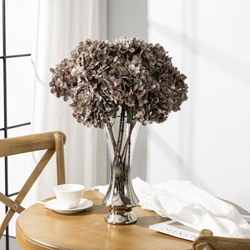 Artificial Flower Fake Silk Hydrangea Heads Bouquet with Stems Bulk for Fall Decoration Table Center Christmas Indoor Outdoor Faux Floral Realistic with Leaves Plants Crafts 8PCS(Brown) - color: Brown