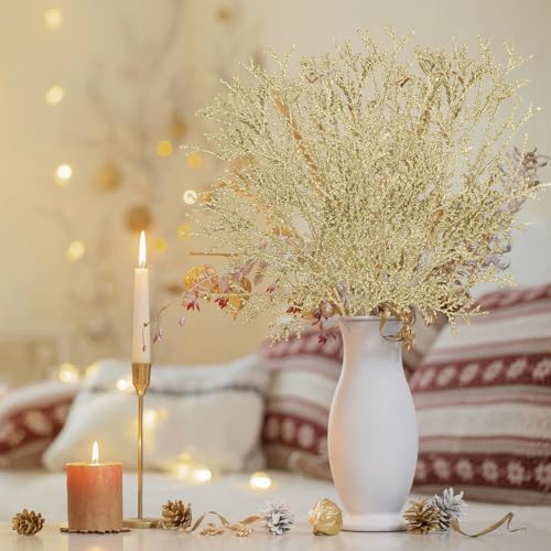 Winlyn 15 Pcs Christmas Artificial Cedar Sprays Champagne Glittered Faux Cedar Branches Stems Christmas Tree Ornament Picks 14.4" for Christmas Tree Wreath Wedding Bouquet Holiday Centerpiece - color: Champagne