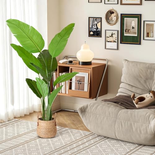 Bird of Paradise Plant Artificial 5.3Ft Tall Fake Tropical Palm Tree with Plastic Pot Silk Floor Plant for Indoor Outdoor Home Office Living Room Decor