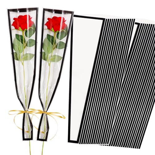 BEISHIDA 100 PCS Single Rose Sleeve Single Flower Wrapping Bags Single Rose Packaging Cellophane Flower Sleeves for Florist Bouquet Supplies, Mother's Day, Valentine's Day,Wedding Gift(Pink Edge) - color: single-black