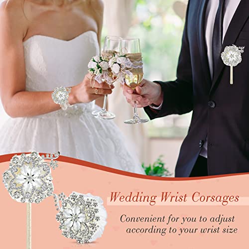 Yunsailing 2 Pcs Rhinestone Wrist Corsage and Boutonniere Set - Artificial Flower Corsage Wristlet for Wedding Prom Homecoming Bridesmaid Bridal Shower Anniversary Formal Event(Silver Ivory,Crystal) - color: Silver Ivory, style: Crystal