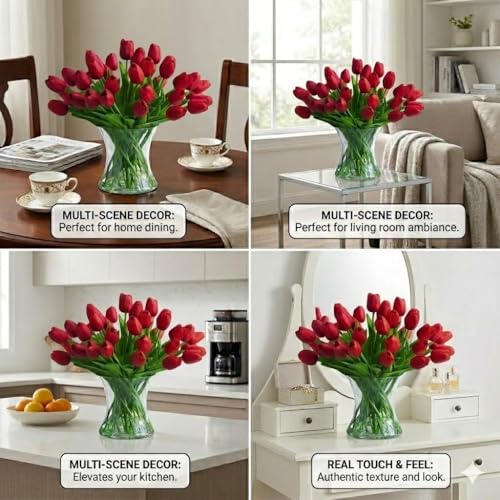 Real Touch Artificial Tulips with Glass Vase and Acrylic Water, 40 Pcs Fake Tulip Flowers Bouquet for Home Office Decor, Silk Flowers Arrangements for Dining Table Wedding Centerpiece (Red) - color: Red