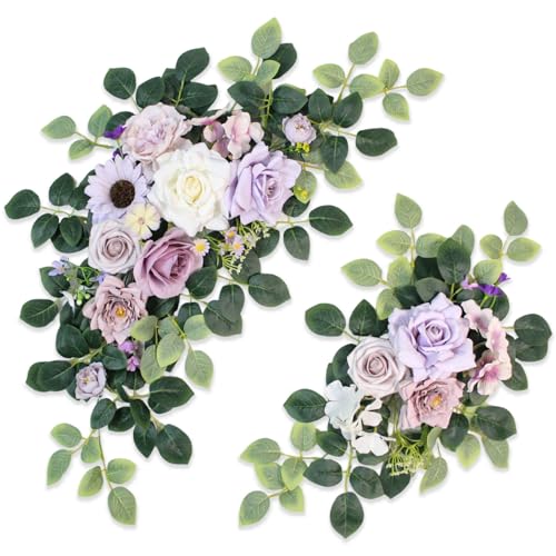 Odouzy Pack of 2 Wedding Arch Decorations Artificial Hanging Flowers Floral Swag for Wedding Welcome Sign Backdrop Balloon Arch Home Party Bridal Ceremony Reusable(Purple) - color: Purple