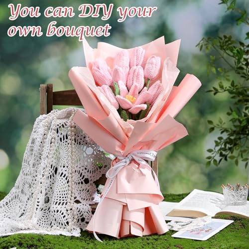 Shihanee 10 Pcs Tulip Crochet Flowers Bouquet Handmade Knitted Flower Decor Birthday Gifts for Women Grandma Spring Home Vase Centerpiece, 13.7", Vase Not Inchluded(Pink) - color: Pink