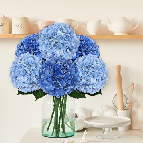 8pcs Hydrangea Artificial Flowers 21" Blue Silk Fake Flower Bouquets Faux Latex Hydrangea with Stems for Home Table Centerpieces Wedding Party Baby Shower Decoration - color: Dark Blue, Light Blue