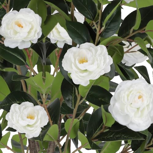 47” Artificial Camellia Tree with Blooming White Flowers, Artificial Tree for Indoor Outdoor, Faux Camellia Tree for Modern Home Office Floor Porch Decor, Free Maintenance - color: White