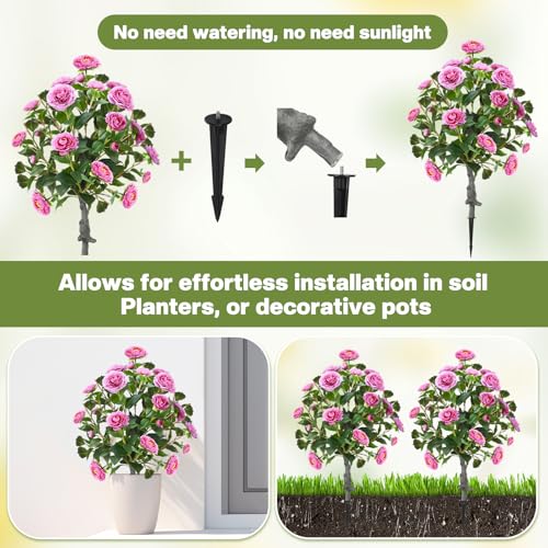 Lunmon 2 Pack 3ft Artificial Camellia Plants Tree 36" Faux Camellia Flower with Spike UV Resistant Realistic Fake Floral Blooming Bush for Indoor Outdoor Front Door Porch Backyard Garden, Purple - color: Purple, size: 3 ft