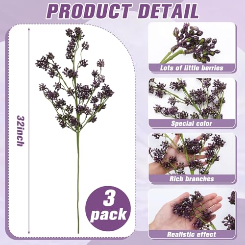Thiccywoov 3 Pcs Plum Faux Berry Stems Artificial Dusty Sedum Berry Stems Picks Branches Faux Spray for DIY Holiday Farmhouse Home Mantel Harvest Decorations (32 Inch) - color: Plum, size: 32 inches