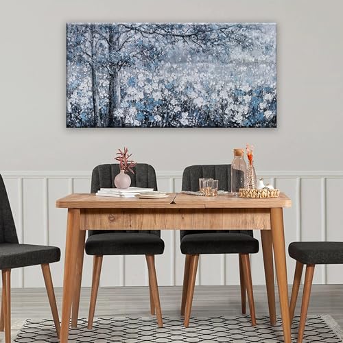 Wall Art for Living Room Blue And White Abstract Tree Flower Modern Artwork Canvas Painting Textured Tree Pictures Wall Decor Bedroom Dining Room Home Office Decor 24"x48" Ready to Hang - color: grey blue, size: 48"L x 24"W