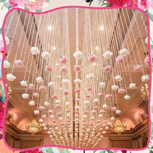 Norme 16pcs 31.4 Inch Wedding Rose Hanging Garland Crystal Beaded String Garland Artificial Rose Flower Decor for Wedding Engagement Bridal Shower Party Valentine's Day Party Decorations - color: White, Pink