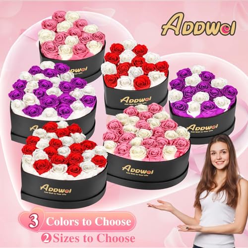 ADDWel Preserved Roses Bouquet for Her Anniversary, Birthday Flower Gifts for Women, 27-Pieces Eternal Roses with Natural Fragrance in Heart-Shape Box for Wife Girlfriend Mom - color: Pink & White - 27 Roses
