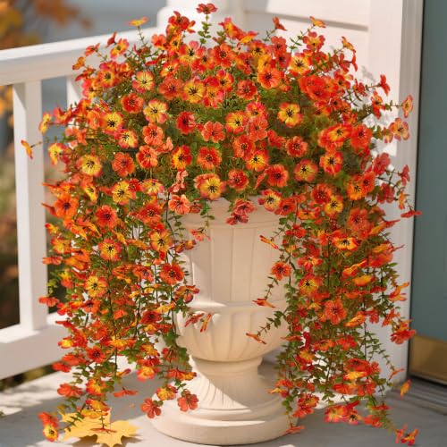Fake Mums Artificial Fall Hanging Flowers for Outdoors Decoration 2 PCS Faux Mums for Outdoor Planters Fake Plants Look Real Daisy Flower No Fade Autumn Decor for Porch Home Patio Balcony and Yard - color: Orange Sunset