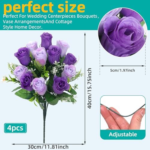 Artificial Rose Bouquets Fake Roses Flowers Set of 4 Realistic Silk Flowers for Cemetery Headstone Home Wedding Decoration UV Resistant No-Fading(Purple) - color: Purple