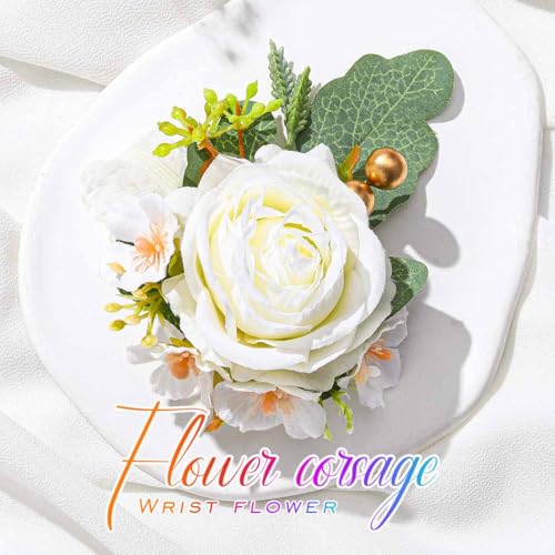 Rose Wrist Corsage Flower Prom Corsage Wristlet for Women and Girls (White) - color: White