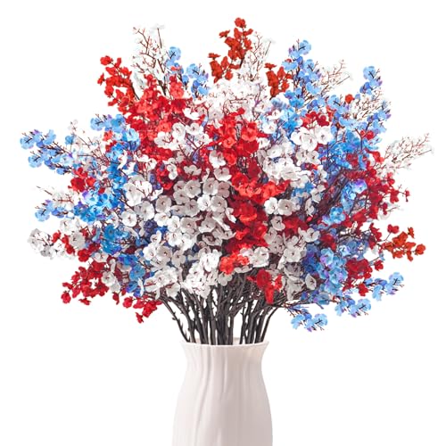 Uieke 15 Pcs 4th of July Artificial Flowers Fake Patriotic Babys Breath Flowers for Independence Day Decor Blue White Red Silk Flowers for Memorial Day Floral Arrangement Home Wedding - color: Red Blue White, size: 15PCS