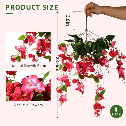 Hibiscus Artificial Hanging Flowers Plants for Outdoors 4 Pcs Fake Flower Faux Silk Hibiscus Long Trailing Vines Realistic Flower for Front Door Porch Patio Balcony Garden Yard (4 Pcs Pink+Red) - color: 4 Pcs Pink+red
