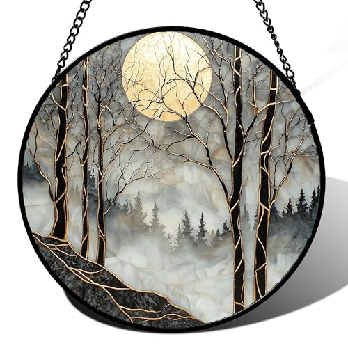 Stained Glass Window Hanging - Black and White Gold Moon Forest Sun Catcher for Door Home Decor Suncatcher Christmas Mother's Day Birthday Gifts for Women Men Lovers Mom Nana 15 in - color: Black Gold, size: 15x15 IN