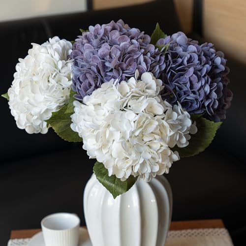 DUYONE 22" Real Soft Touch Hydrangea Artificial Flowers Realistic,Large Long Stem Fake Flowers Full Latex Faux,Wedding Bouquet,Party Home Decor,Garden Office Room Centerpieces White 2 Taro Purple 2 - color: 2 White & 2 Taro Purple, size: 4Pcs