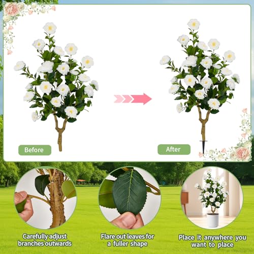 35.5" Artificial Camellia Tree Set of 2, White Faux Flower Tree, UV Resistant Fake Greenery with Ground Spike for Indoor Outdoor Front Door Home Garden Decor - color: Camellia