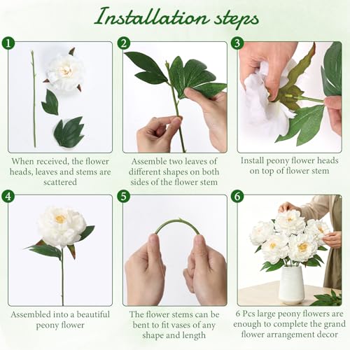 Fake Flowers White Peonies 16 Inch 6 PCS Bulk White Peony Artificial Flower Stems Faux Silk Peonies Flowers for Vase Floral Arrangements Real Touch Peony for Home Table Centerpiece Shelf Decor