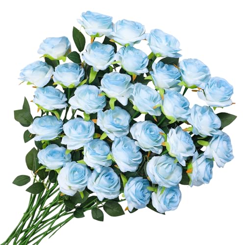 32 Pcs Ice Blue Artificial Roses Fake Flowers, Silk Flowers with Stems for DIY Wedding Bridal Shower Centerpieces Arrangements Tables Decorations - color: Ice Blue