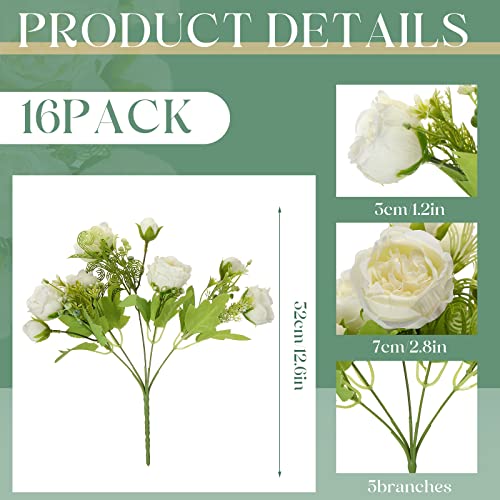 Sumind 16 Bundles Peonies Artificial Flowers Bulk Wedding Silk Faux Flowers with Stems Faux Peony Wedding Bouquets for Bride Florals Arrangements Decor for Table Centerpiece Vase Decoration(White)
