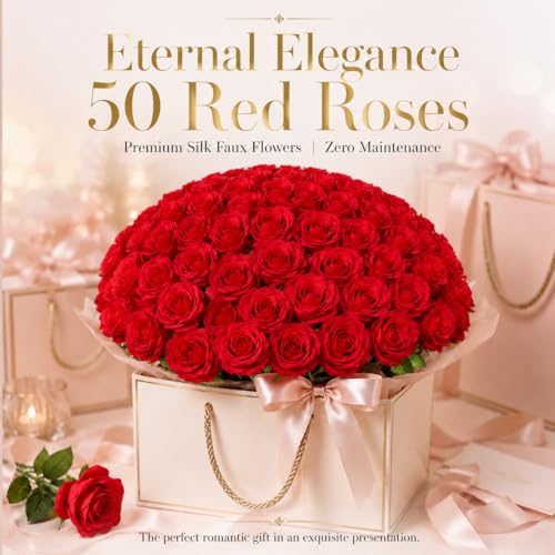 50 PCS Red Roses Artificial Flowers, Fake Red Rose Bouquet, Artificial Silk Red Roses with Stems for DIY Wedding Flowers Decoration, Valentines Day Mothers Day, Bridal Bouquet Roses - color: Red, size: 50 Pcs