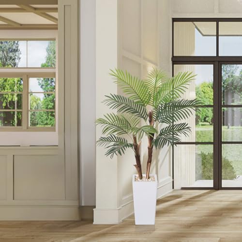 HAIHONG Artificial Palm Tree 5FT, Fake Tree with Realistic Fiber Trunks and White Tall Planter, Faux Tropical Areca Floor Plant in Pot, Artificial Silk Plant for Home Decor Office Living Room Decor