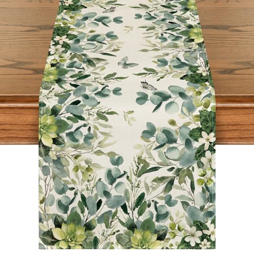 Artoid Mode Green Flowers Floral Eucalyptus Summer Table Runner, Seasonal Spring Kitchen Dining Table Decoration for Home Party Decor 13x72 Inch - color: Beige, size: 13" x 72", Table Runner