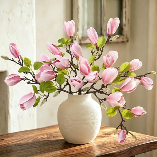 6PCS Artificial Magnolia Flowers Stems for Spring Decoration,26In Artificial Light Pink Fake Flowers with Buds Faux Long Stem Floral Arrangement for Vase Table Centerpiece Indoor - color: Light Pink