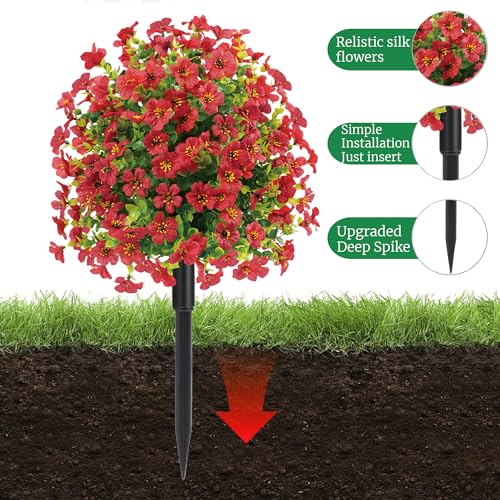 23" Set of 2 Spring Artificial Boxwood Topiary Ball Tree with Spikes,UV Resistant Fake Outdoor shrubs with Violet Flowers, Realistic Faux Plants Bushes for Garden Front Porch Yard Patio (Red)