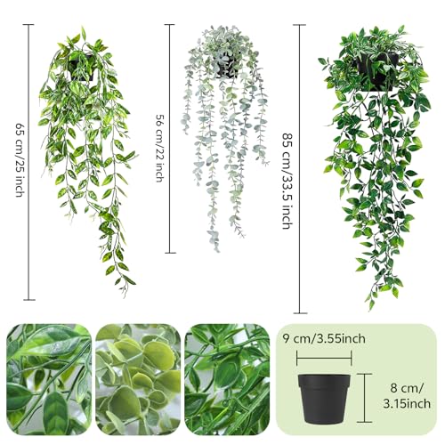 Fake Hanging Plants, 3pcs Artificial Small Potted Plants Fake Potted Greenery Faux Eucalyptus Mandala Vine Pea Pod for Home Indoor Outdoor Wall Garden Wedding Decoration - color: Dutch Bean+mandala+eucalyptus