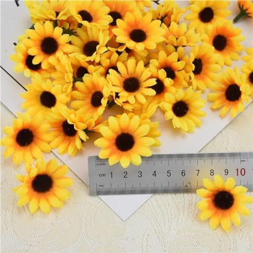 100 Pcs Sunflowers Artificial Flower Heads, Yellow Mini Fake Sunflowers Decorative Fabric Flowers Craft Floral Embellishments Silk Sun Flower Head Decorations DIY Wedding Floral Home Decor
