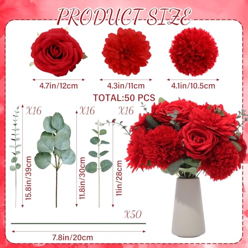 Suncalla 98 Pcs Artificial Flowers Bouquet Assorted Faux Flowers Heads with Stem Eucalyptus Leaves Silk Floral Table Centerpiece for DIY Wedding Party Wreath Home Decor(Red Color) - color: Red Color