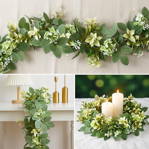 6FT Artificial Eucalyptus Garland with Flowers, Fake Greenery Vines Spring Ivy Leaves for Wedding Backdrop Arch, Table Centerpieces, Party, Home Room Party Indoor Outdoor Spring Decor - color: Eucalyptus Leaves