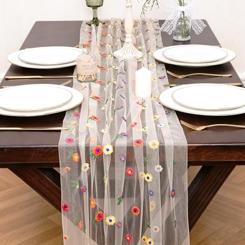 Champagne Embroidery Daisy Gauze Table Runner 10FT Floral Seasonal 120 Inch Sheer Tulle Table Runner Kitchen Dining Wedding Holiday Birthday Christmas Decor for Home Party Decorations - color: Champagne, size: 10 ft × 1 pc