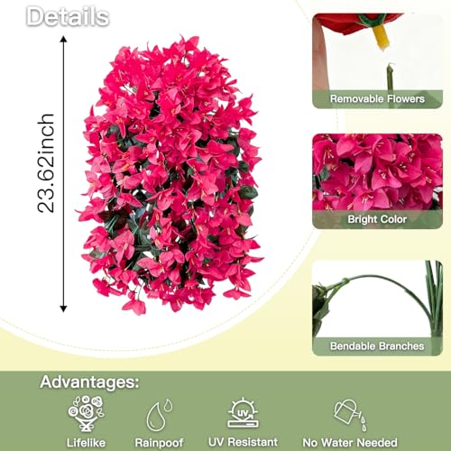 Artificial Flowers for Outdoors Fake Hot Pink Bougainvillea Hanging Flower Decoration, 2Pcs Realistic Faux Silk Plants Long Trailing Vines, Spring Decor for Porch Patio Balcony Planter Yard - color: Bougainvillea - Hotpink