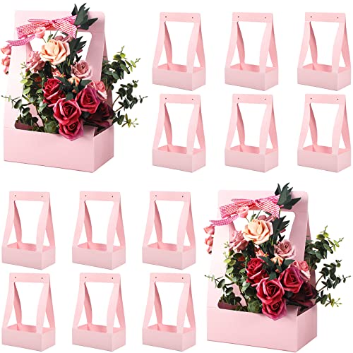 Teling 12 Pcs Flower Boxes for Arrangements Paper Pink Flower Gift Bags for Bouquets Portable Waterproof Floral Box with Handle for Wedding Floral Bar Party Decor Florist Supplies - color: Pink