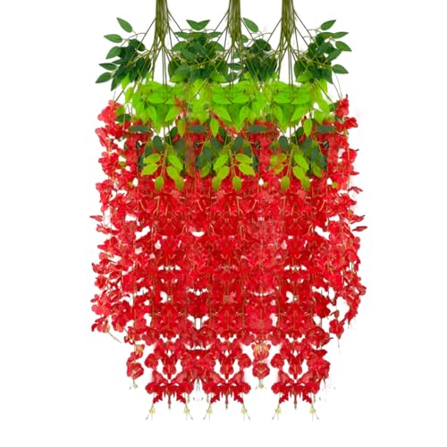 12 Pack Red Wisteria Hanging Flowers Garland, 3.77 Feet Artificial Flower Vines, Fake Wisteria, Artificial Vines Hanging Garland for Backdrop Outdoor Yard Garden Decor - color: Red, size: 12 PCS