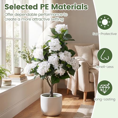 Goplus Artificial Hydrangea Tree, 2 Pack Fake Floral Plant w/11 White Flowers & Realistic Trunk in Plastic Nursery Pot, Indoor Silk Flower Tree for Home Office Living Room Housewarming Gift (White) - color: White