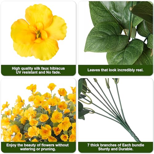 Fake Hibiscus Artificial Flowers for Outdoors Spring Summer Decoration, 6 Bundles Silk Yellow Hibiscus Flowers Bouquet UV Resistant Look Real Faux Plants for Outside Planter Front Door Porch Balcony - color: Yellow