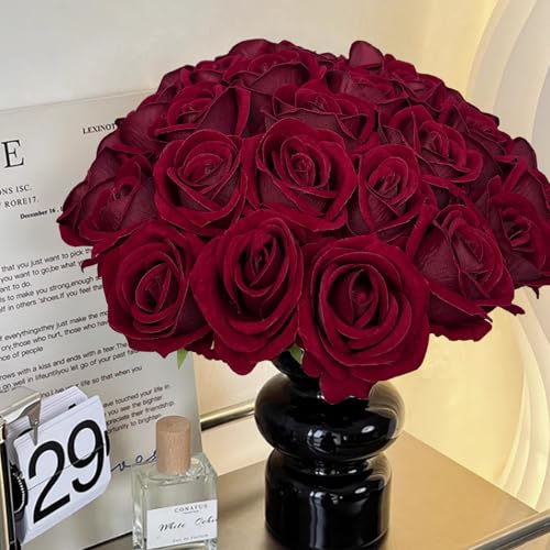 HinyoCo 28 Pcs Silk Roses Artificial Flower， Fake Roses with Stems for Wedding Bouquets Tables Centerpieces Arrangements Party Baby Shower Birthday Home Decor (Dark Red) - color: Dark Red