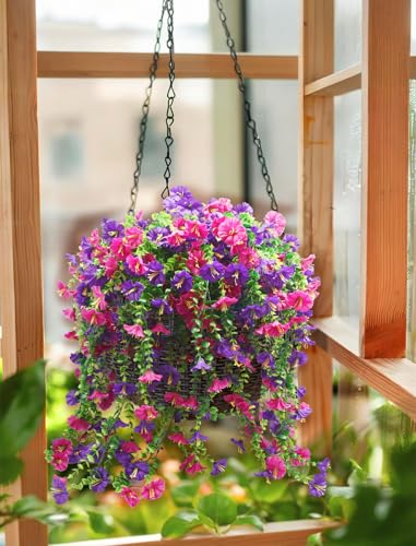 Musdoney 4PCS Artificial Hanging Flowers, Fake Hanging Plants Morning Glory Vines UV Resistant for Wall Home Room Garden Wedding Indoor Outdoor Spring Summer Decoration (Purple+Fuchsia) - color: Purple+fuchsia