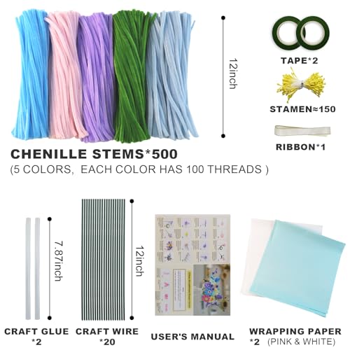 500PCS Pipe Cleaner Flower Kit,Bulk Pipe Cleaners Craft,Chenille Stems with Wrapping Paper for Mother's Day Graduation Birthday Wedding (Blue) - color: Blue