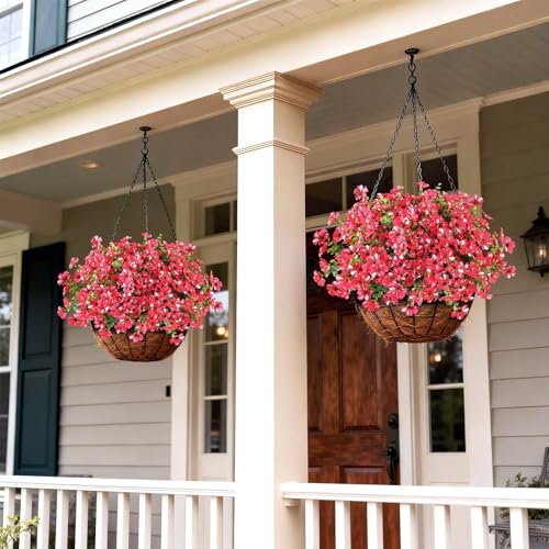 GLIDLION 12 Bundles Artificial Morning Glory & Eucalyptus for Outdoor, Realistic Fake Silk Flower UV Resistant Faux Plant for Front Door Patio Garden Farmhouse Decor (Rose Red) - color: Rose Red